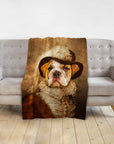 Personalized minky pet blanket with a renaissance-style portrait of a bulldog in a feathered hat.