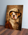 Custom pet canvas featuring a bulldog in a historical "Feathered Dame" costume, brown and cream tones.