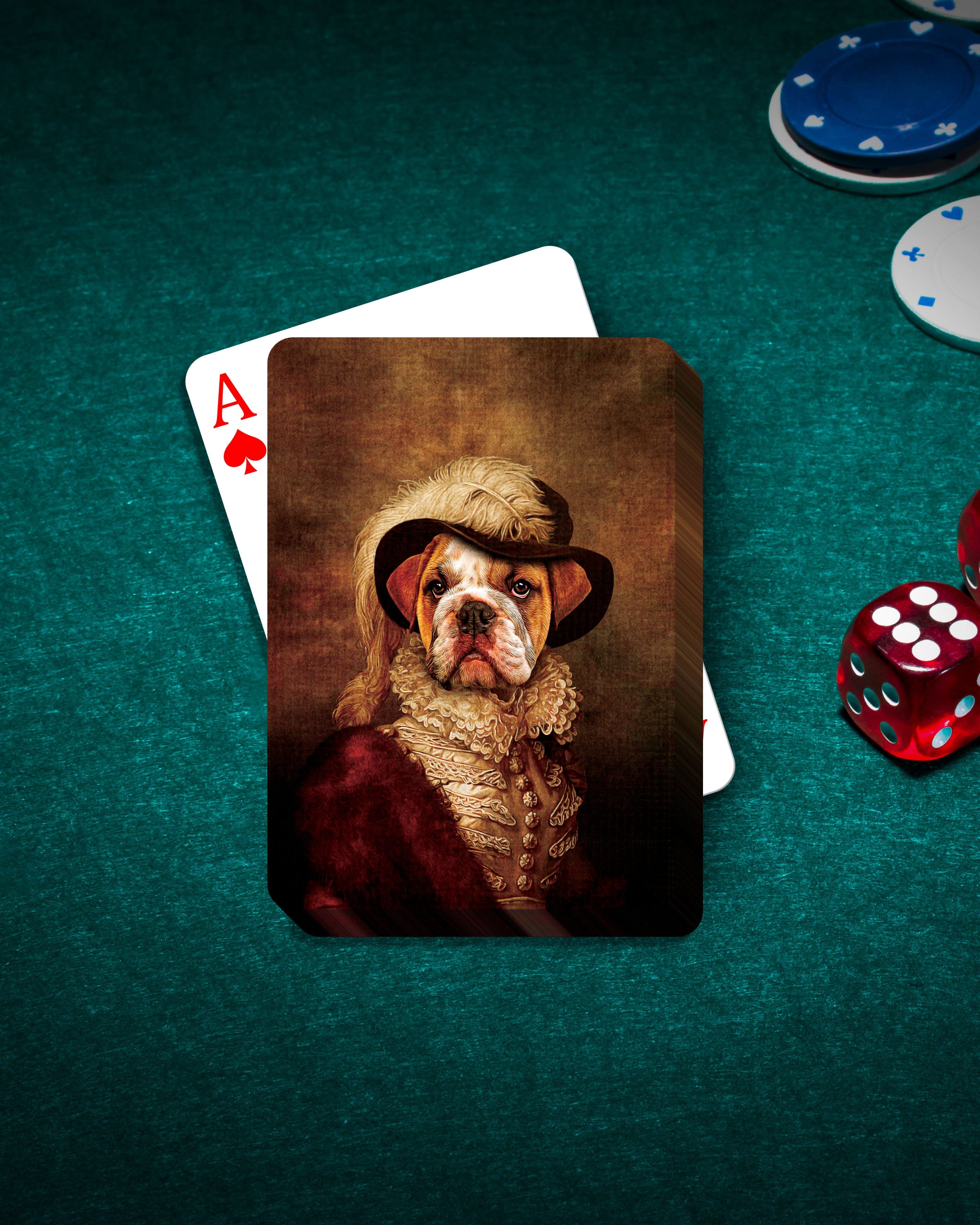 Personalized playing cards featuring a bulldog in a Renaissance-style feathered hat and royal attire.