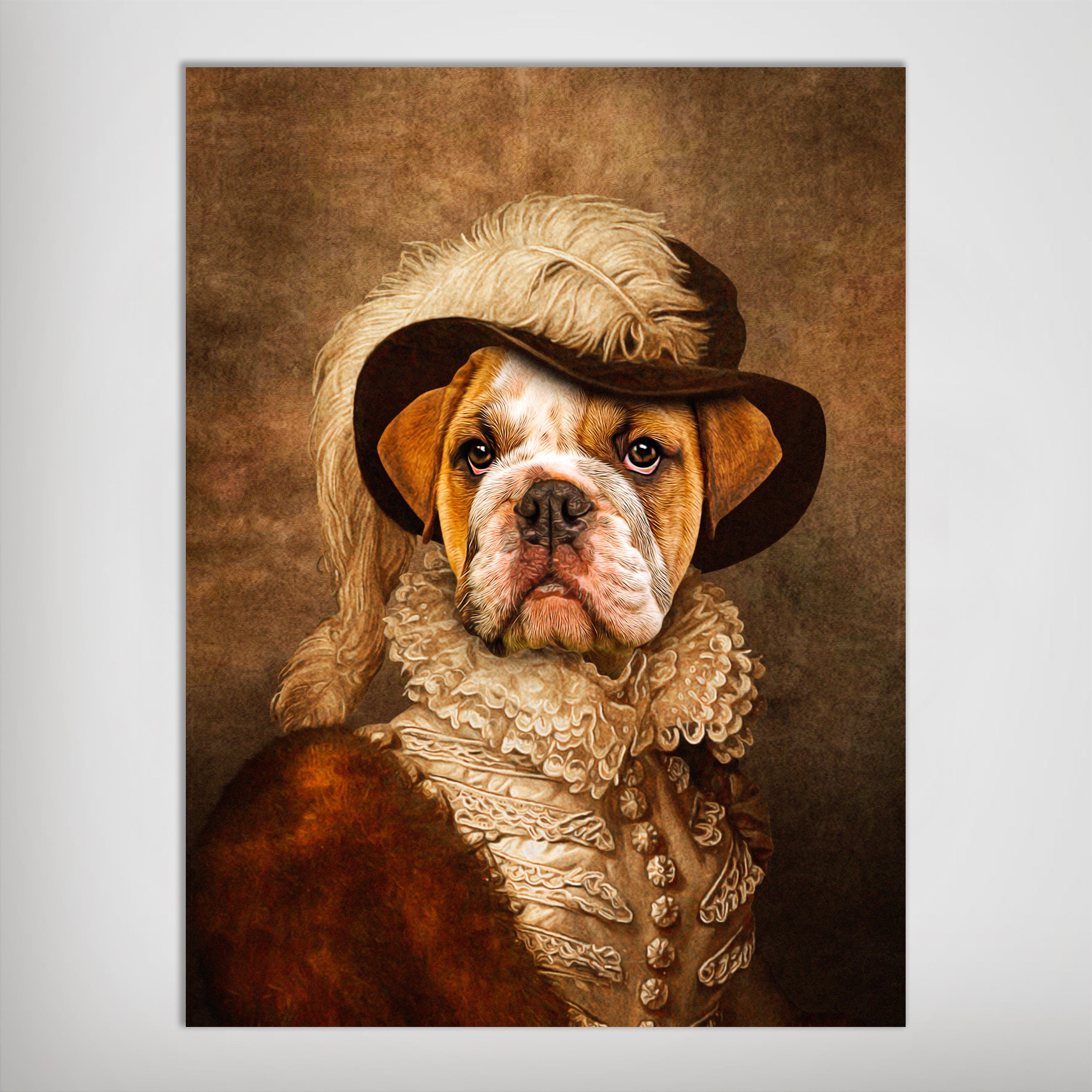 Personalized pet poster featuring a bulldog in a brown feathered hat and ruffled Elizabethan-style collar.