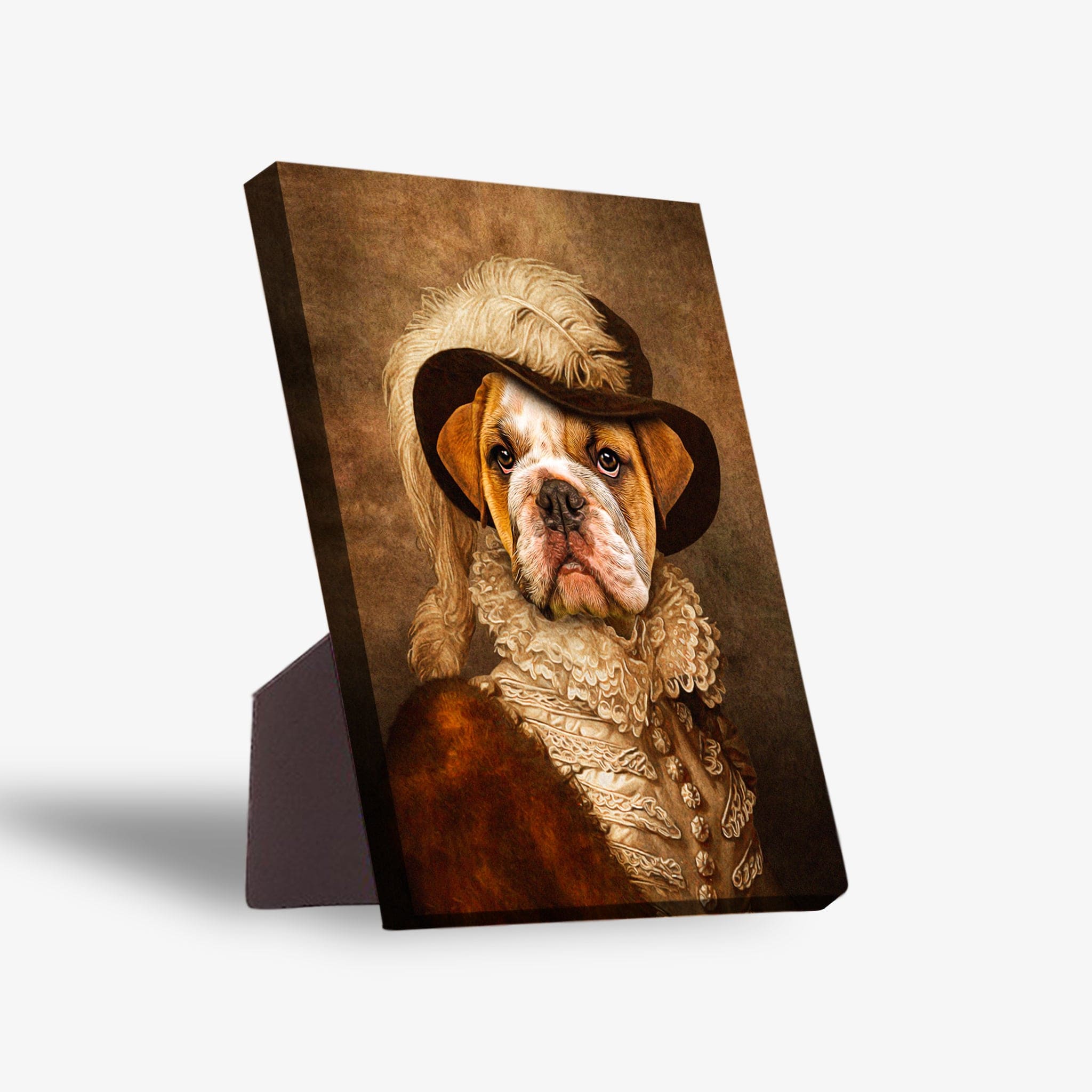 Personalized pet portrait canvas featuring a bulldog in a feathered hat and historical attire, with a sturdy stand.
