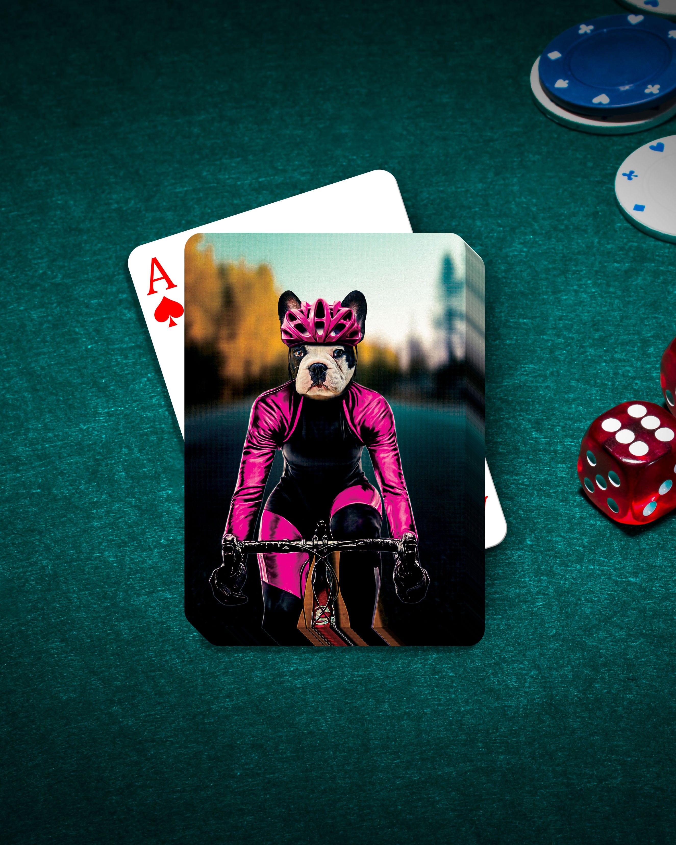 Personalized playing cards featuring a custom pet portrait of a French Bulldog cyclist in a pink suit.
