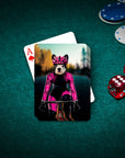 Personalized playing cards featuring a custom pet portrait of a French Bulldog cyclist in a pink suit.