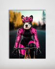 Personalized pet poster featuring a French Bulldog in a pink cycling suit and helmet on a road.