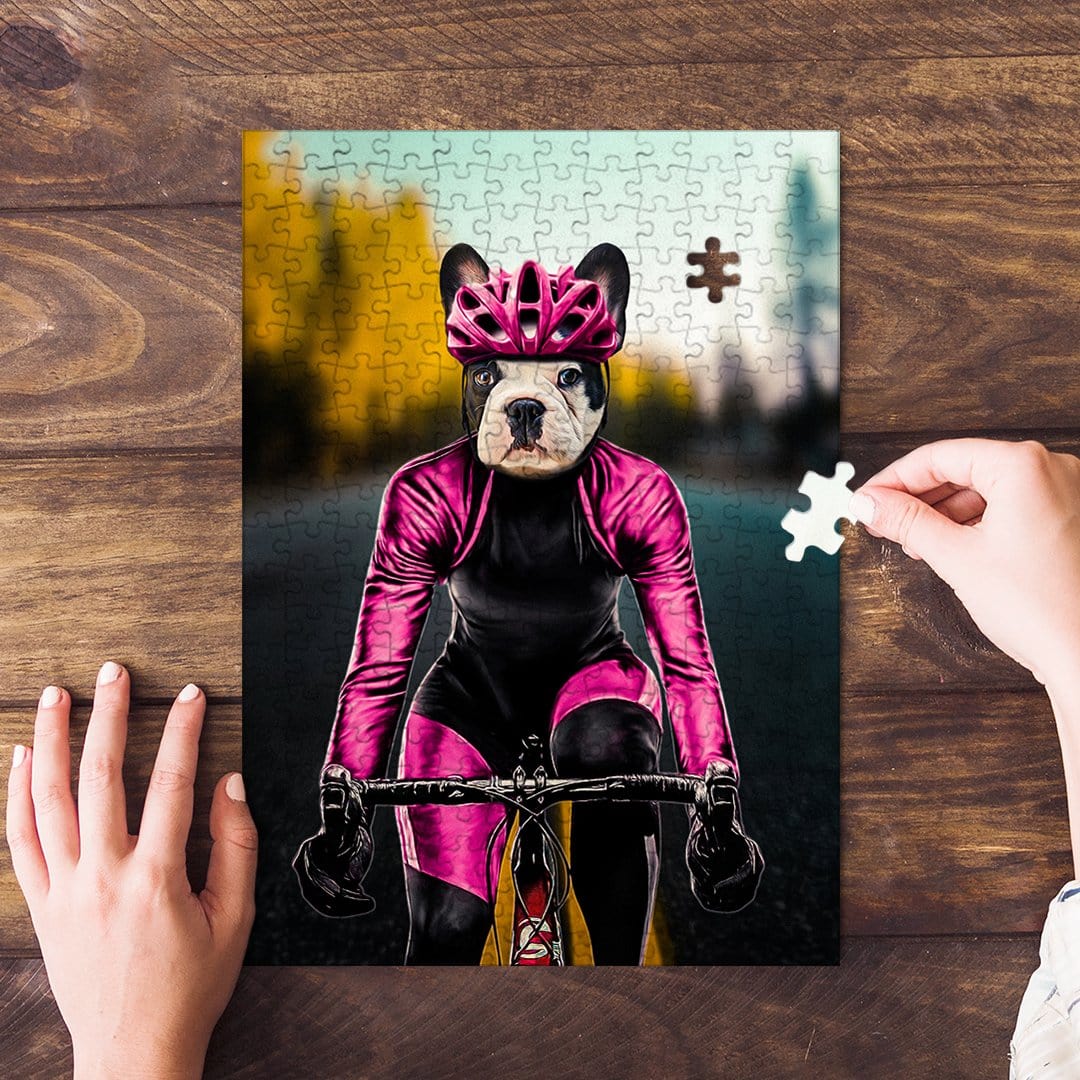 Personalized pet puzzle featuring a French bulldog in a pink cycling outfit and helmet, with a hand placing a piece.