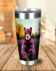 Personalized stainless steel tumbler with a custom portrait of a Boston Terrier dog in a pink cycling outfit.