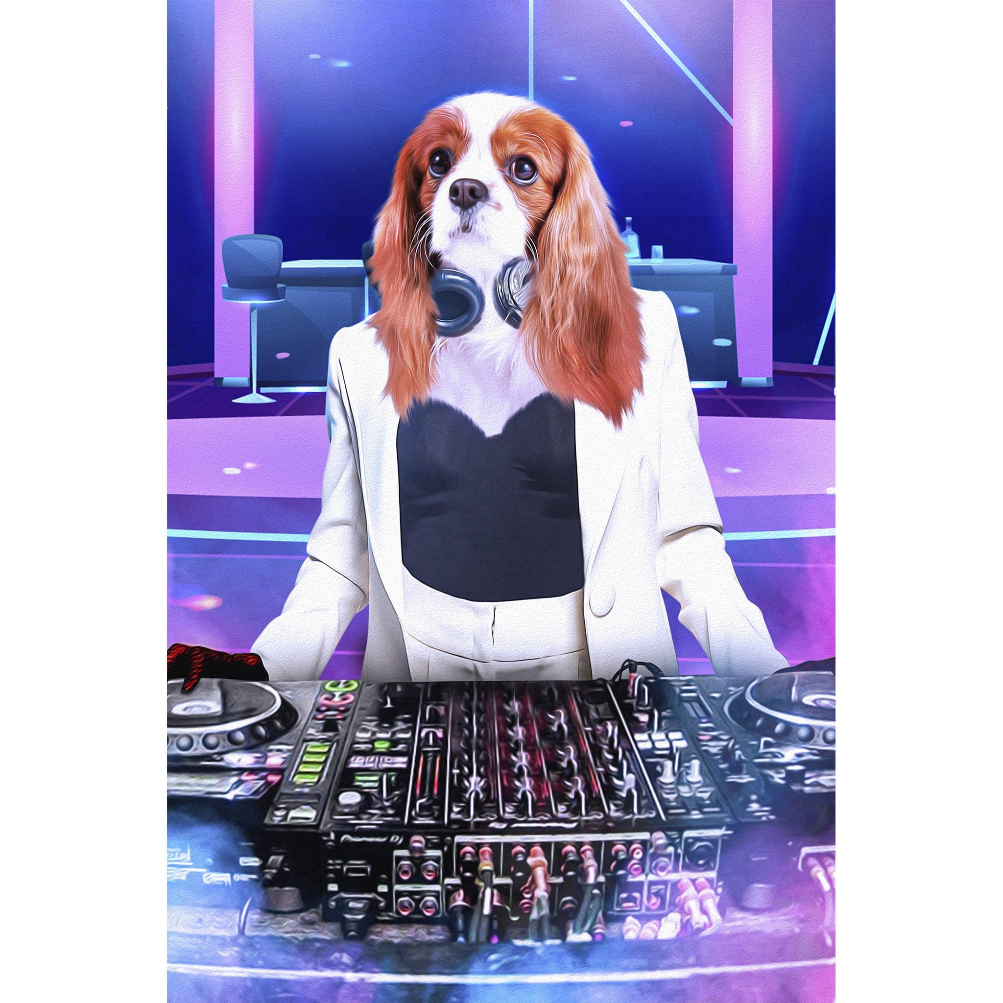 Personalized digital portrait of a Cavalier King Charles Spaniel dog as a female DJ in a white suit.