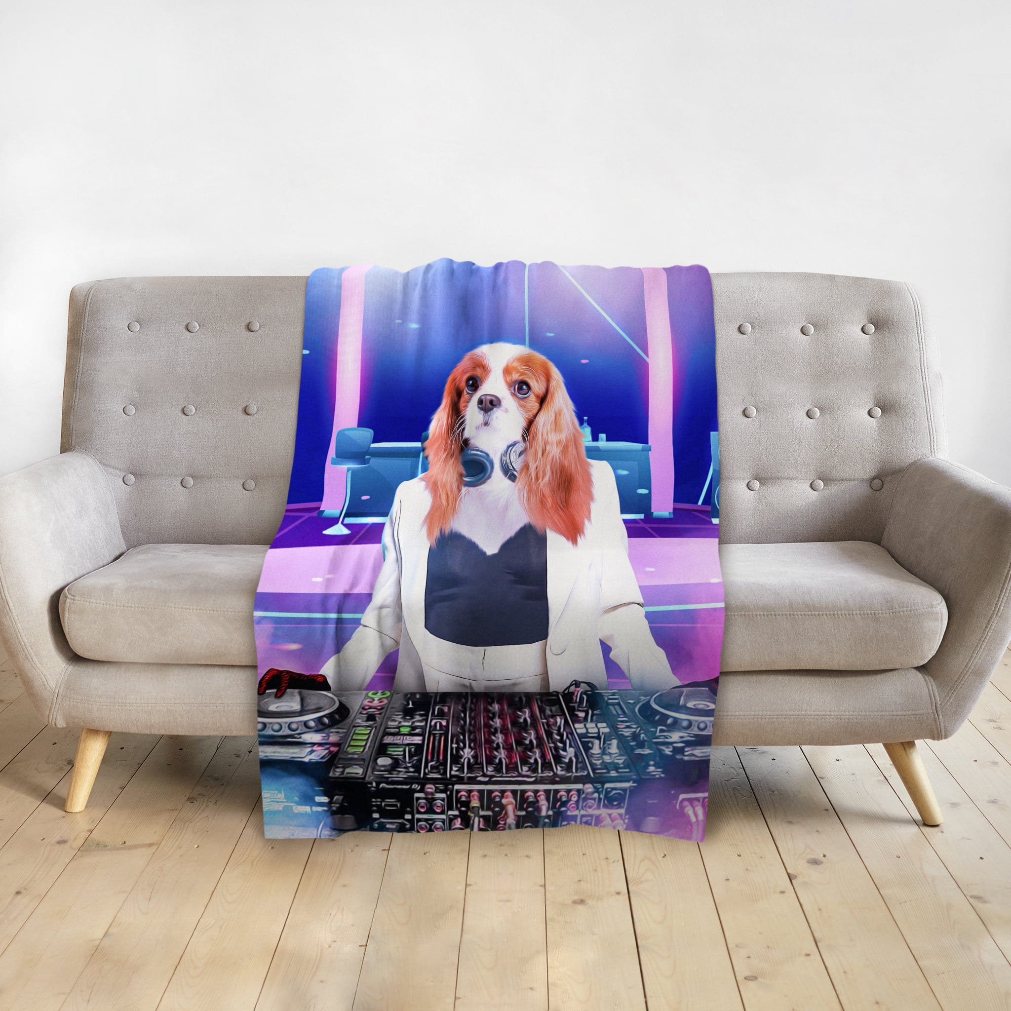 Custom pet blanket with a Cavalier King Charles Spaniel DJ portrait in a white suit.
