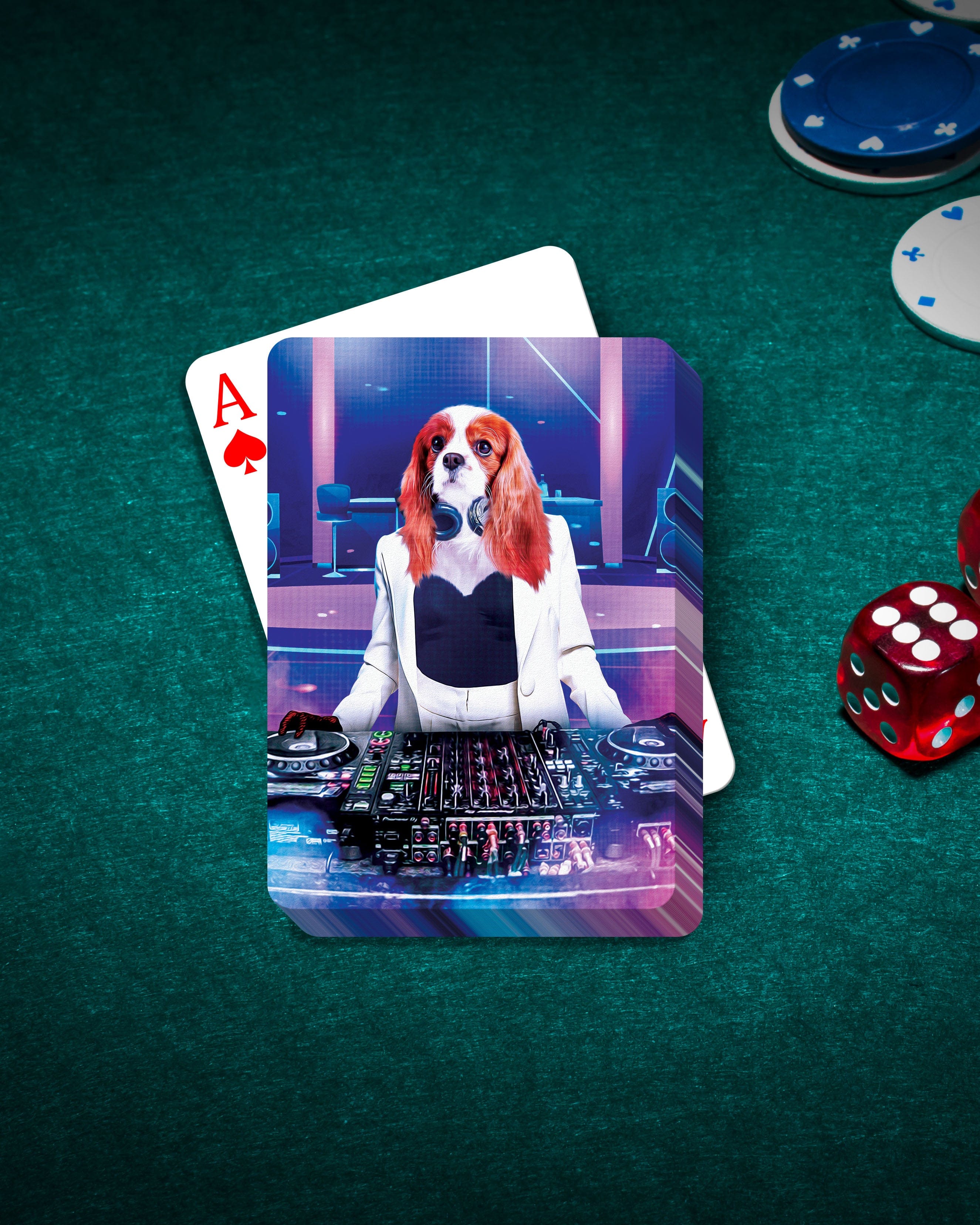 Personalized playing cards featuring a Cavalier King Charles Spaniel pet portrait as a female DJ.