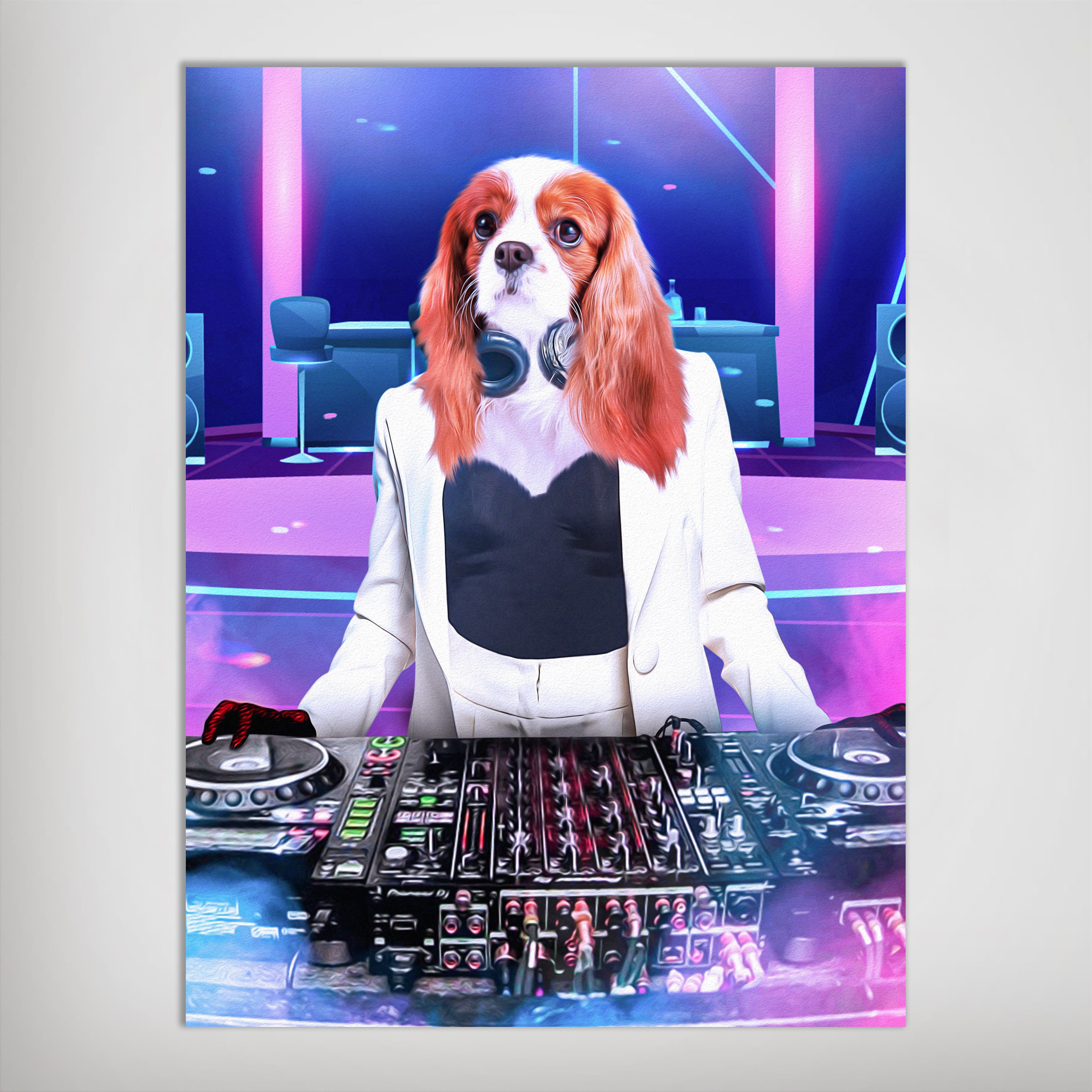 Personalized pet poster featuring a Cavalier King Charles Spaniel as a female DJ in a white suit.