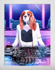 Personalized pet poster featuring a Cavalier King Charles Spaniel as a female DJ in a white suit.