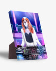 Personalized pet standing canvas featuring a Cavalier King Charles Spaniel as a female DJ in a white suit.