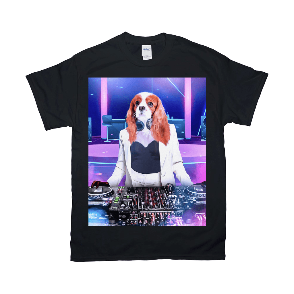 Black Gildan unisex t-shirt featuring a personalized Cavalier King Charles Spaniel DJ in a white suit.