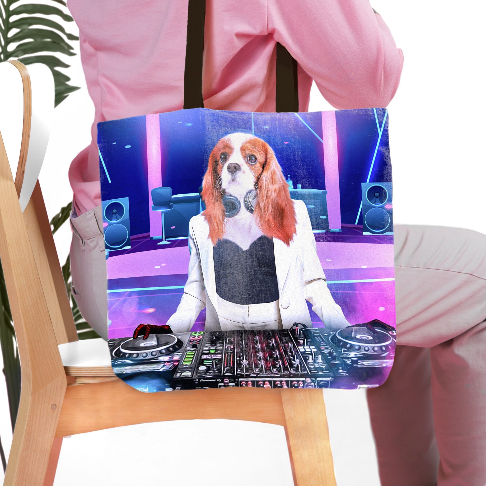 Personalized tote bag with a Cavalier King Charles Spaniel pet portrait as a female DJ.