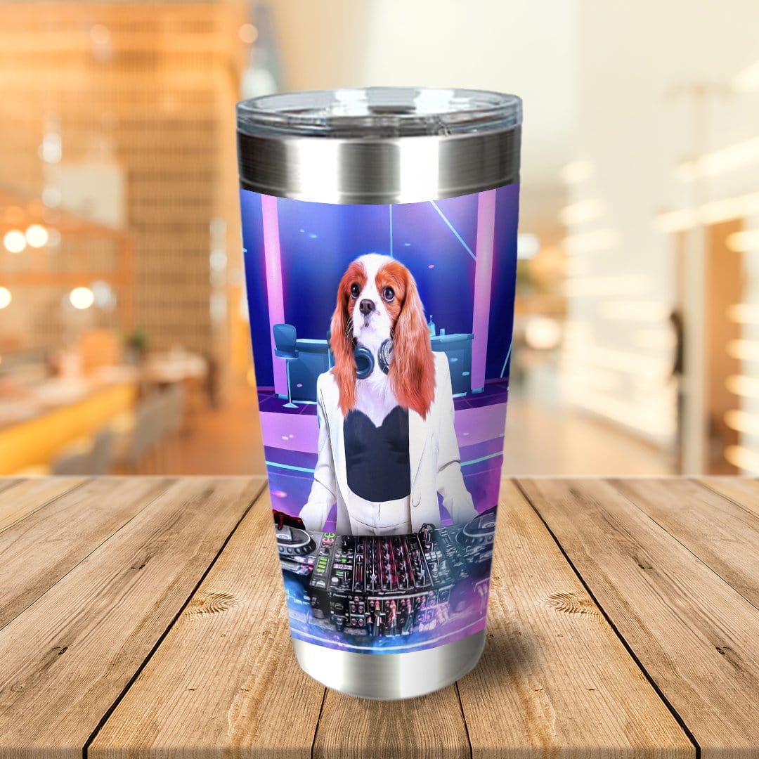 Personalized stainless steel tumbler with a custom portrait of a Cavalier King Charles Spaniel as a DJ.