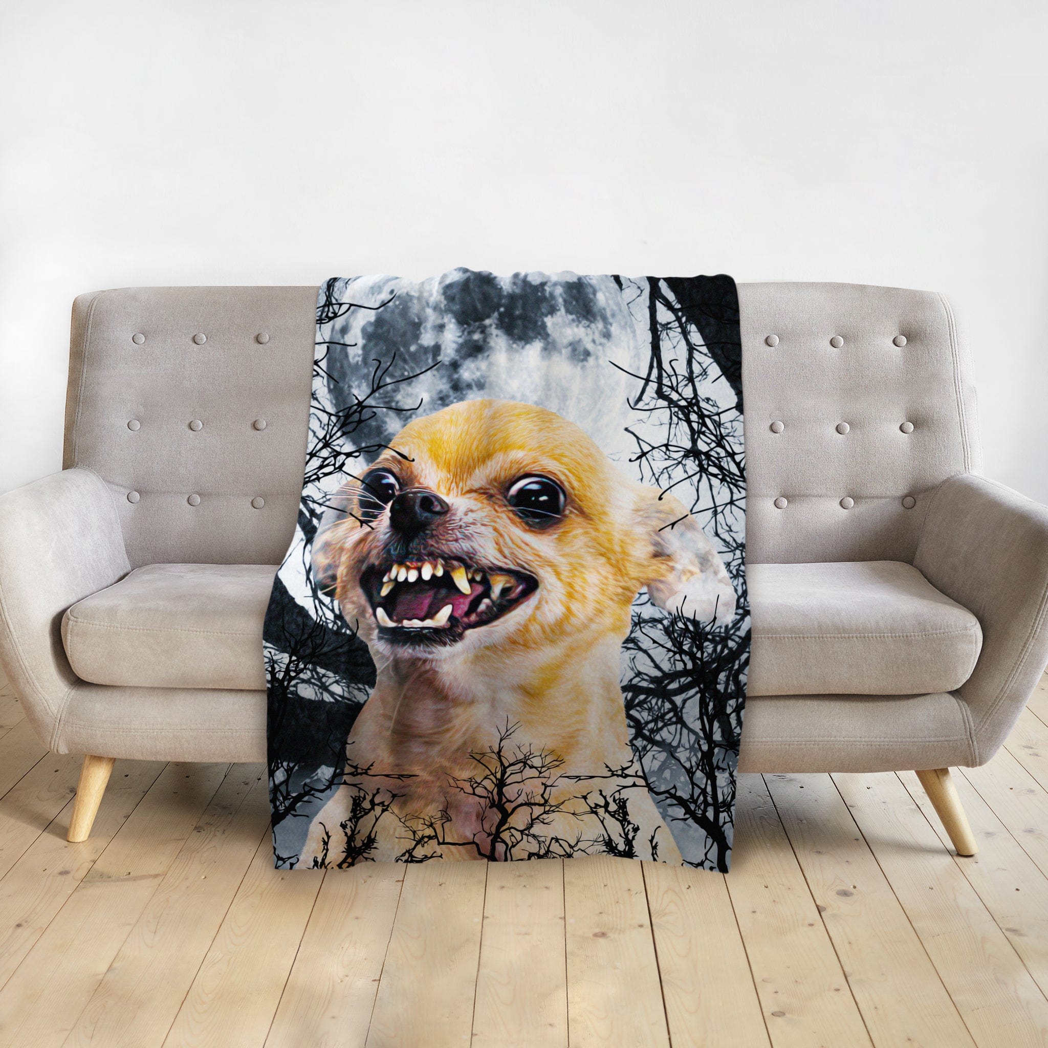 Personalized pet blanket with a fierce chihuahua portrait, full moon, and spooky trees.