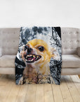 Personalized pet blanket with a fierce chihuahua portrait, full moon, and spooky trees.