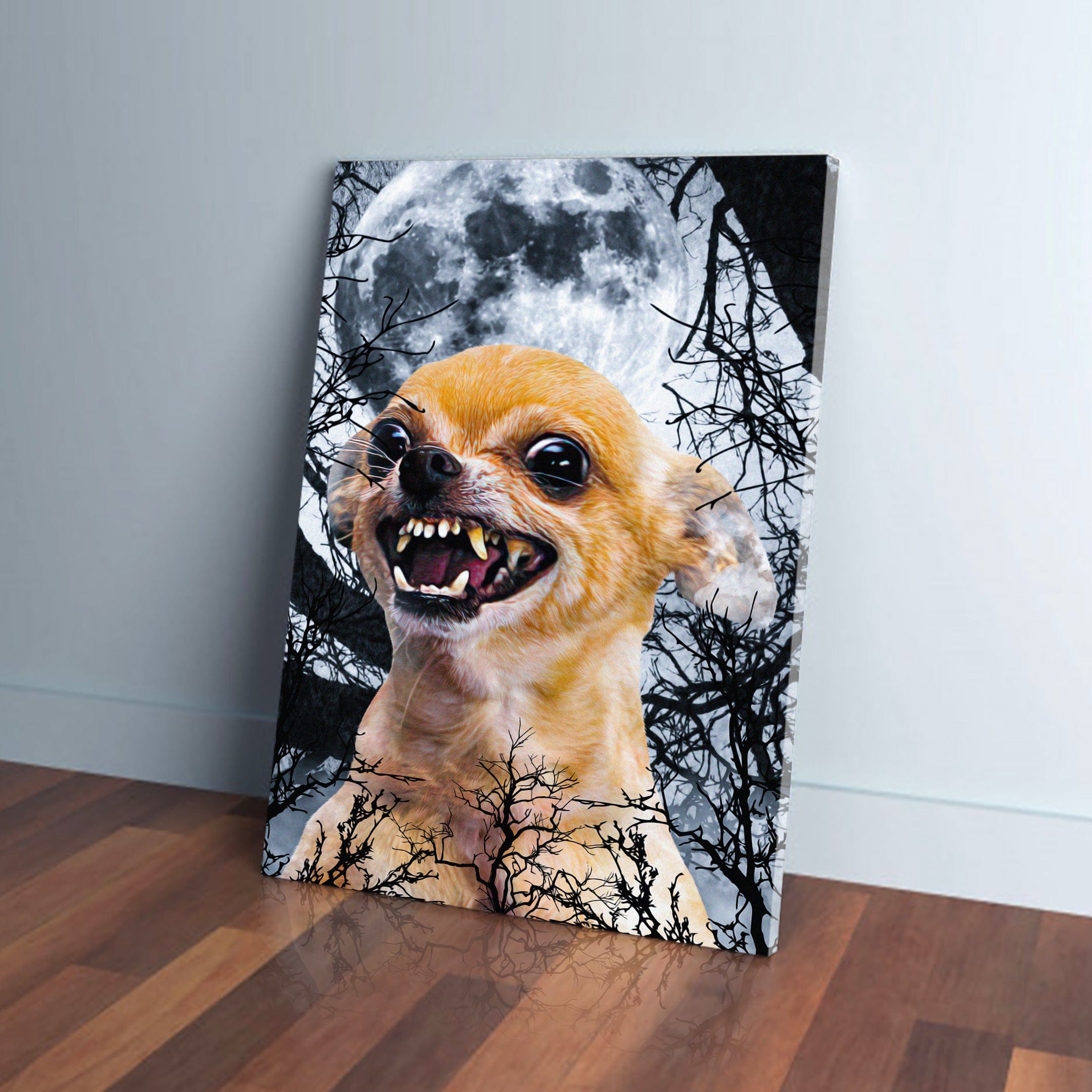 Personalized 'Fierce Wolf' canvas featuring a snarling chihuahua against a full moon and bare trees.
