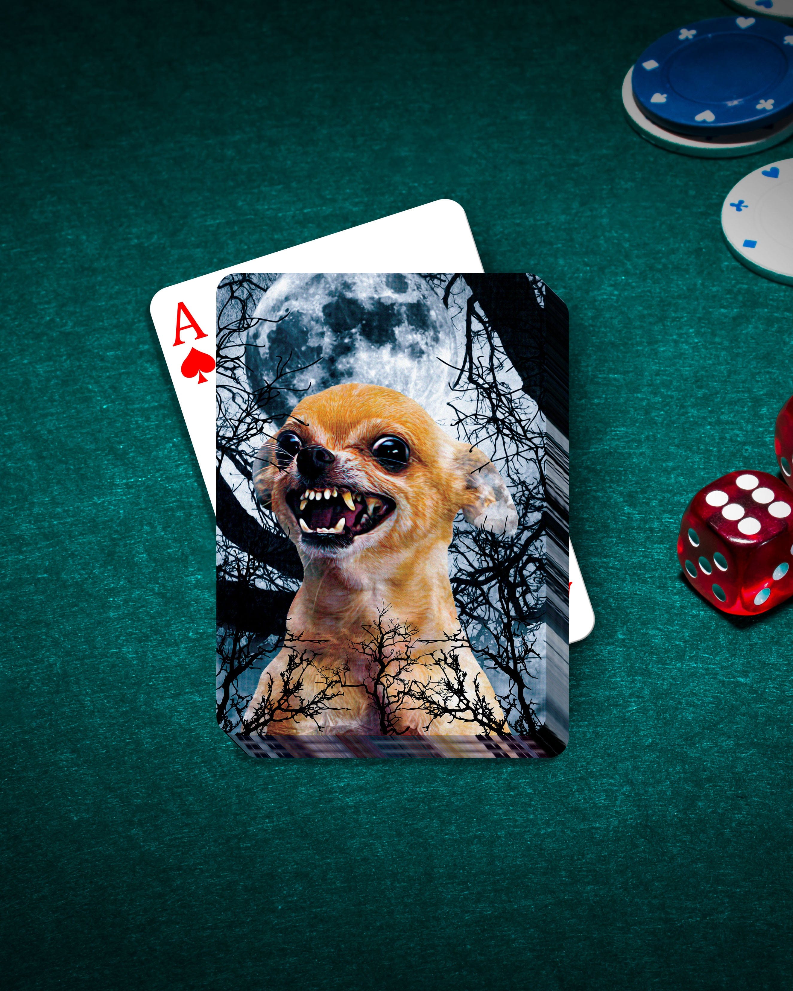 Personalized playing card featuring a snarling chihuahua in a "Fierce Wolf" style, on a poker table.
