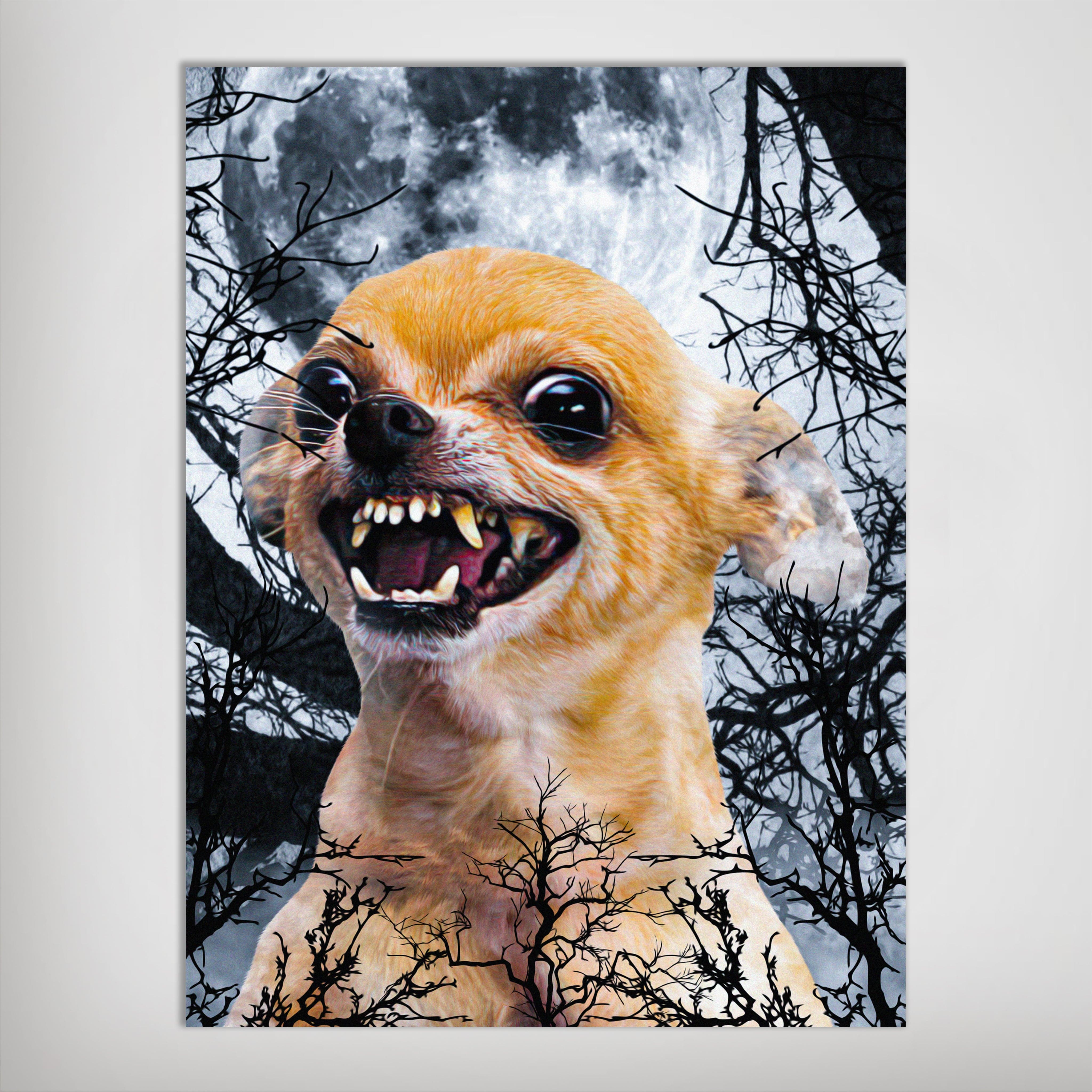 Personalized 'Fierce Wolf' pet poster featuring a snarling chihuahua against a full moon and bare trees.