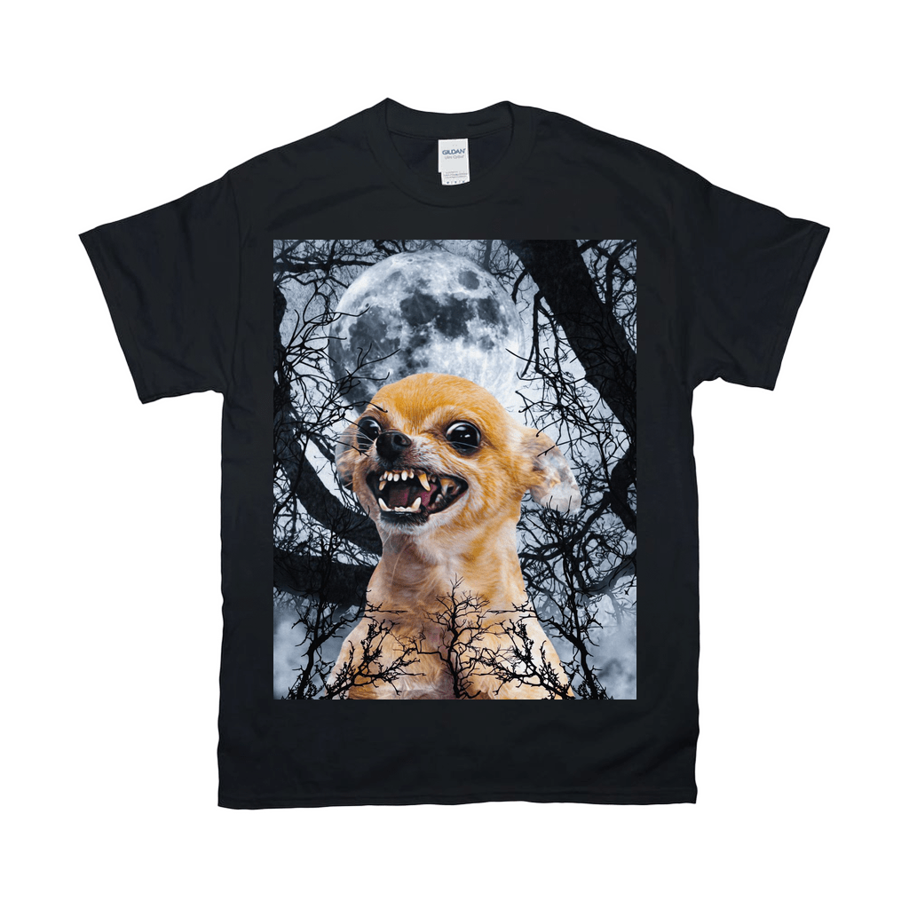 Black Gildan t-shirt with a snarling chihuahua under a full moon and spooky trees.