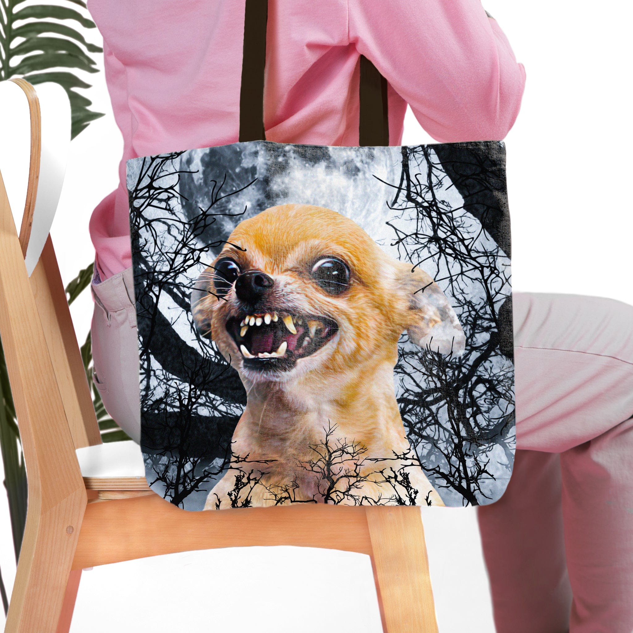 Personalized tote bag with a custom "Fierce Wolf" style pet portrait of a snarling chihuahua.
