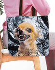 Personalized tote bag with a custom "Fierce Wolf" style pet portrait of a snarling chihuahua.