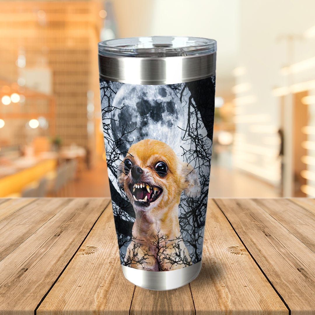 Personalized stainless steel tumbler with a snarling chihuahua portrait against a full moon and bare trees.