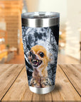 Personalized stainless steel tumbler with a snarling chihuahua portrait against a full moon and bare trees.