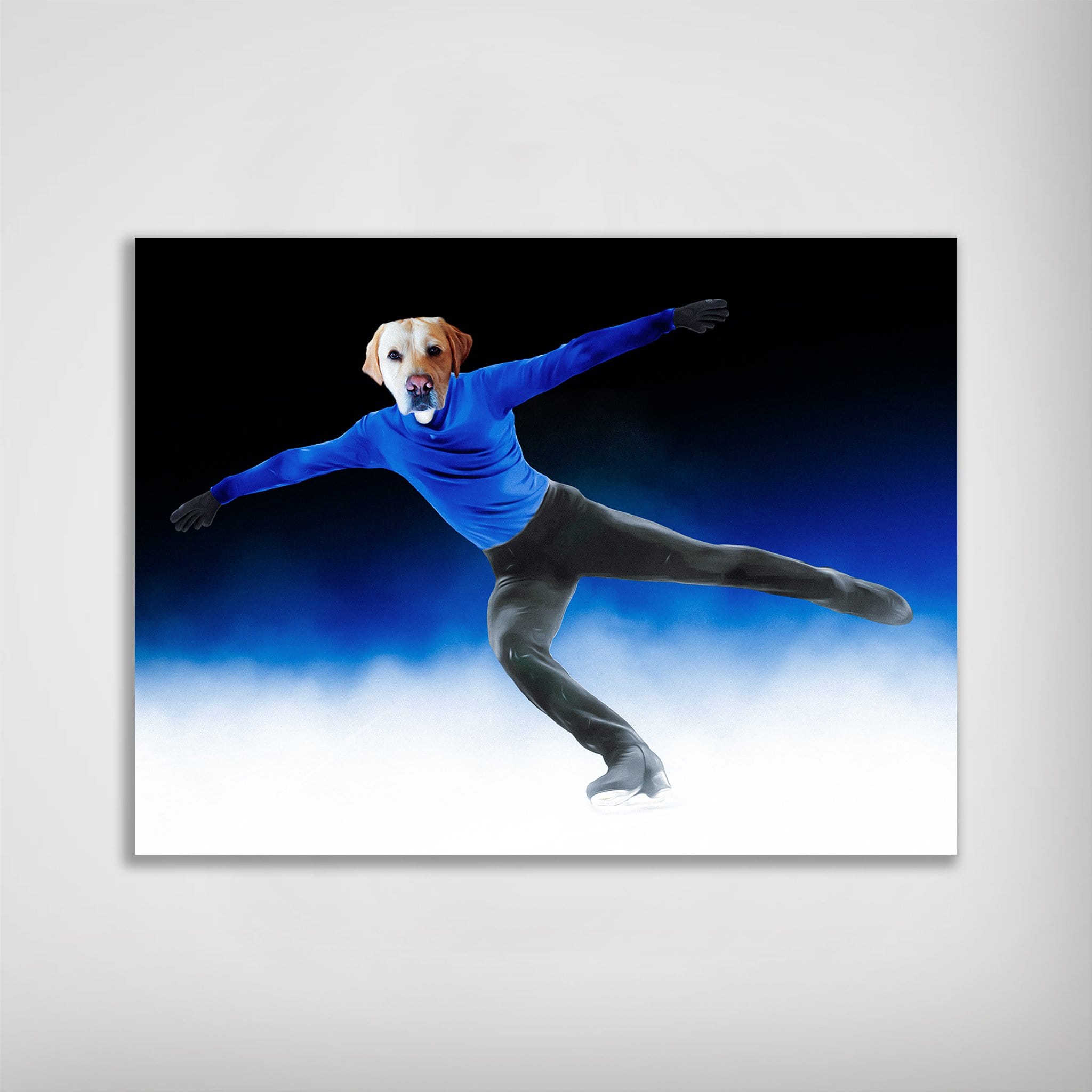 Personalized matte poster featuring a yellow lab's head on a figure skater in a blue top and black pants.