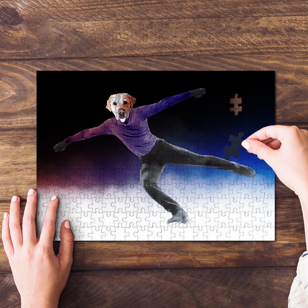 Personalized Figure Skater pet puzzle featuring a dog's head on a human body, partially assembled.