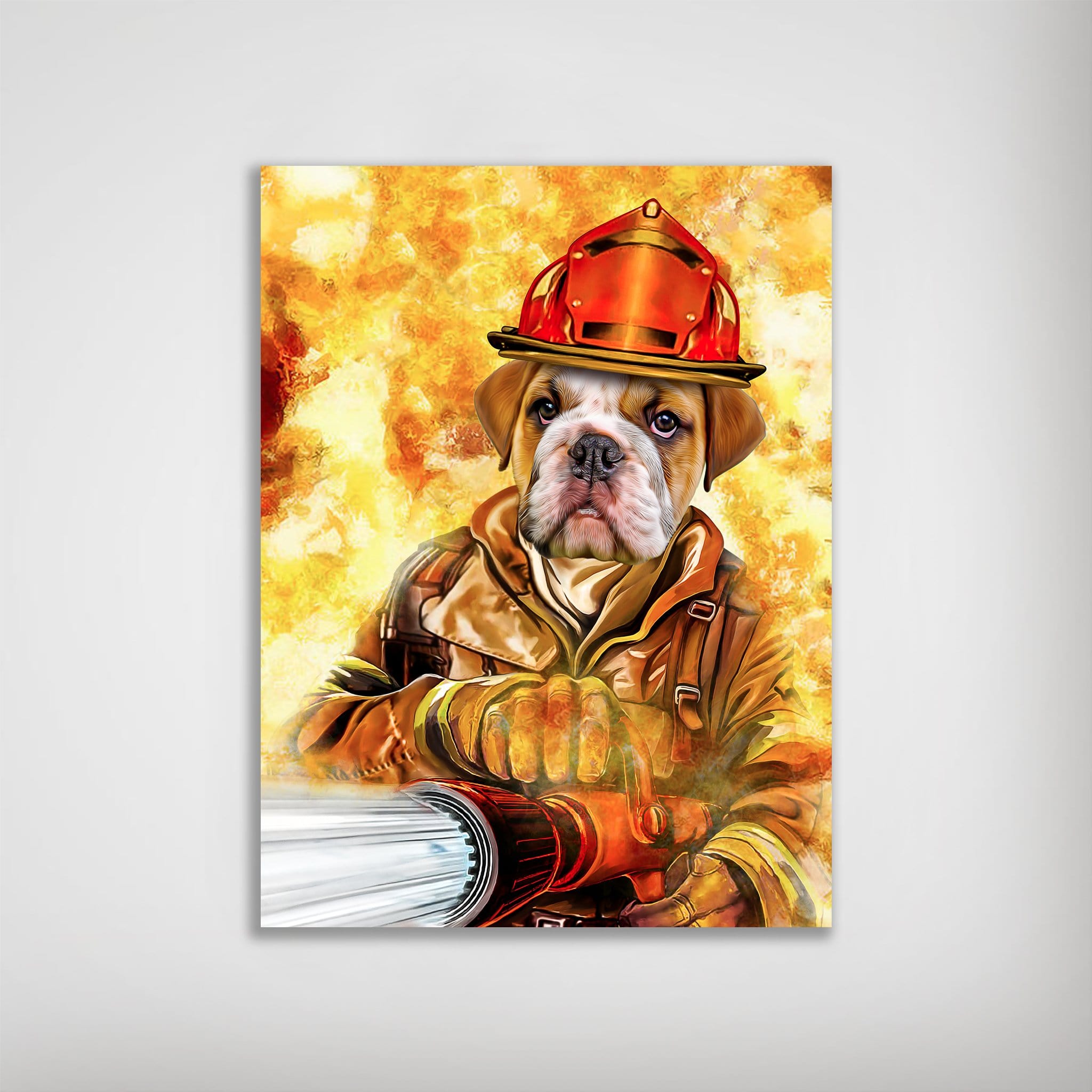 Personalized bulldog firefighter poster with red helmet, brown uniform, and fire hose against a fiery background.