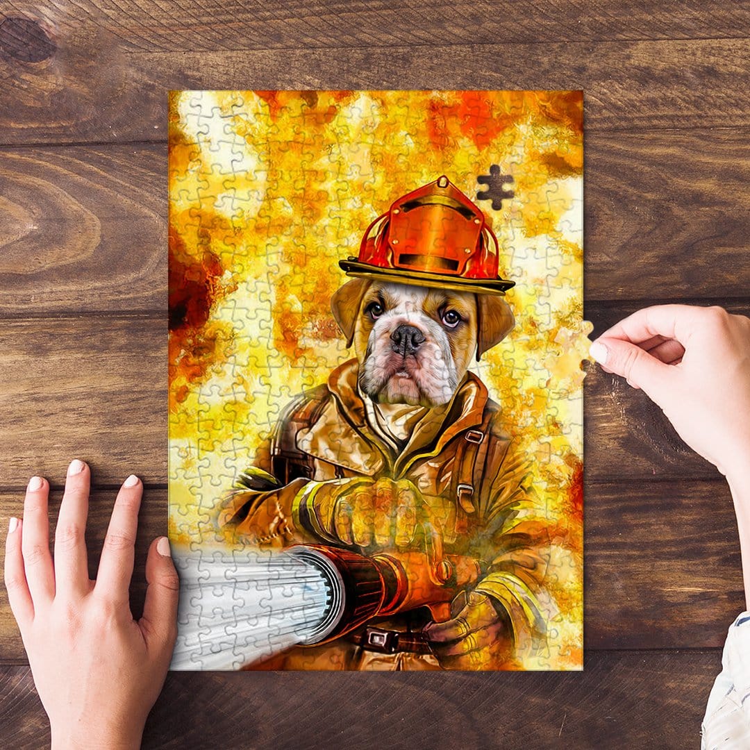Personalized pet puzzle featuring a bulldog in a firefighter uniform against a fiery background.