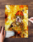 Personalized pet puzzle featuring a bulldog in a firefighter uniform against a fiery background.