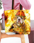 Personalized tote bag with a bulldog pet portrait as a firefighter against a fiery background.
