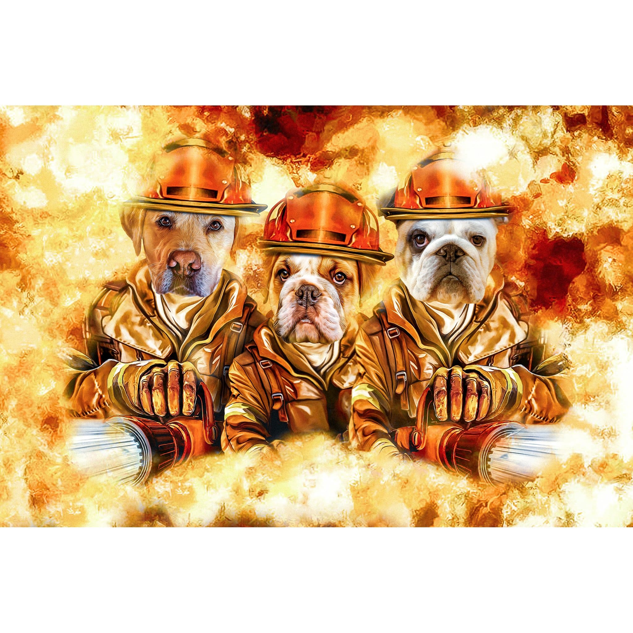 Custom digital portrait of three pets as firefighters in a fiery background.