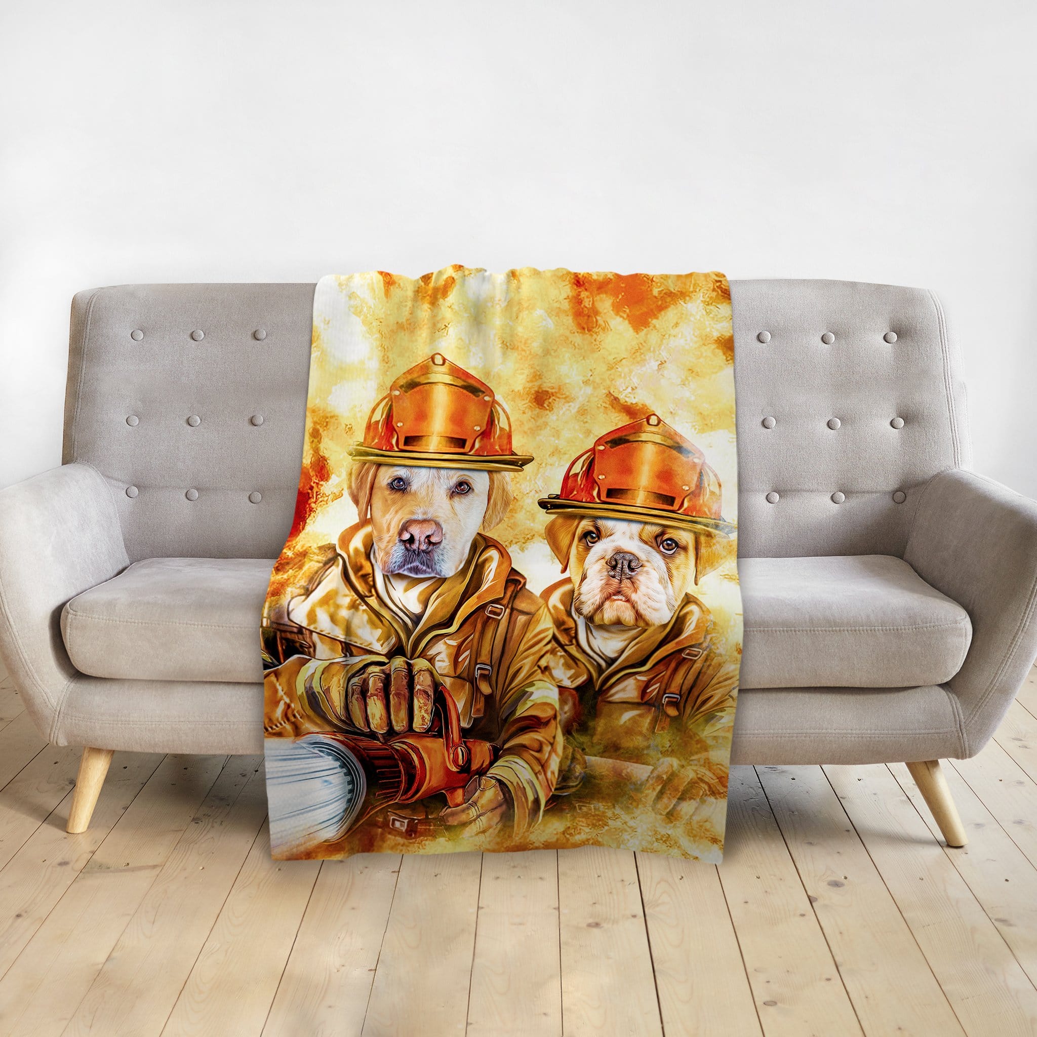 Personalized custom blanket with two pet portraits as firefighters, featuring a golden retriever and bulldog.