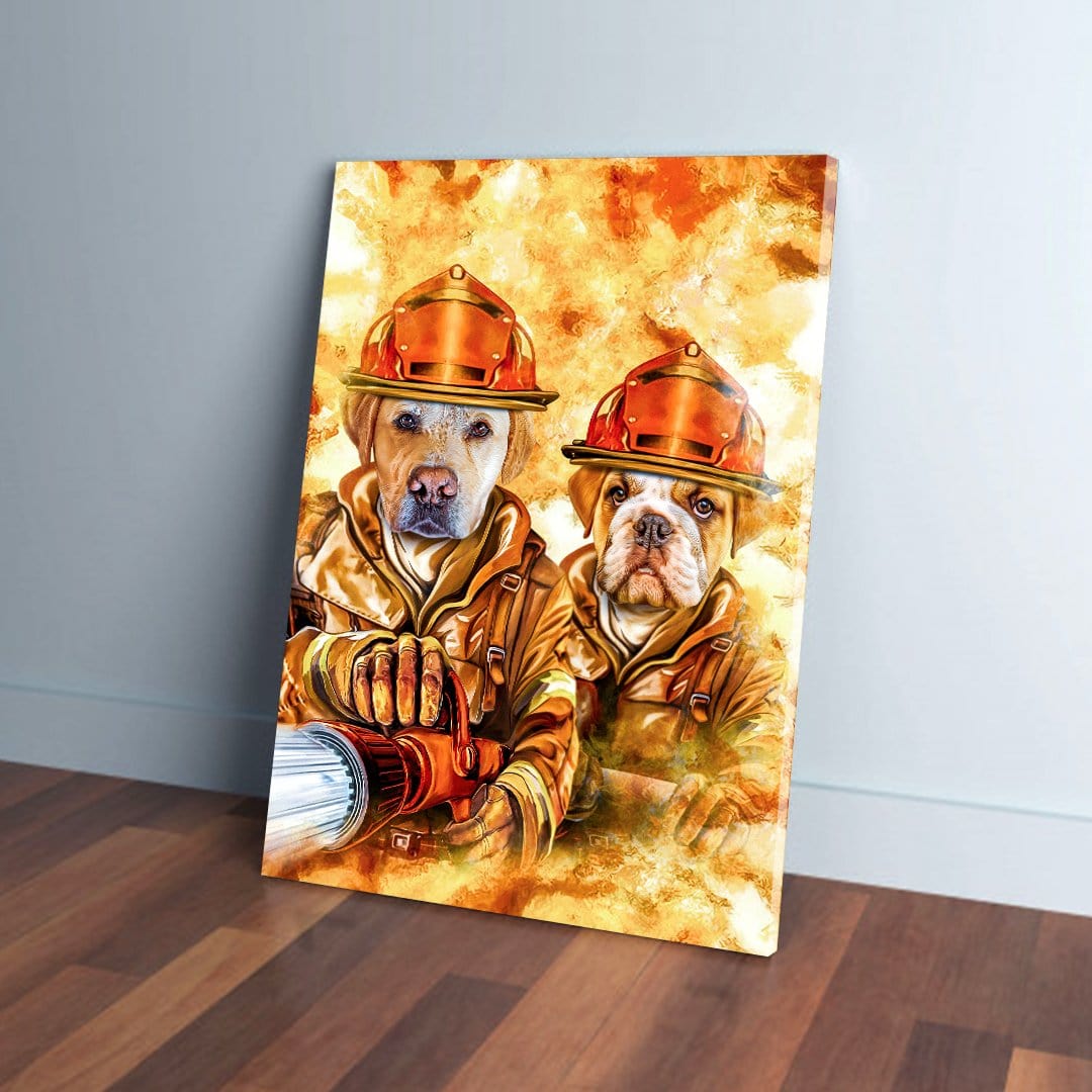 Custom canvas art depicting two pets as firefighters in orange gear against a fiery background.