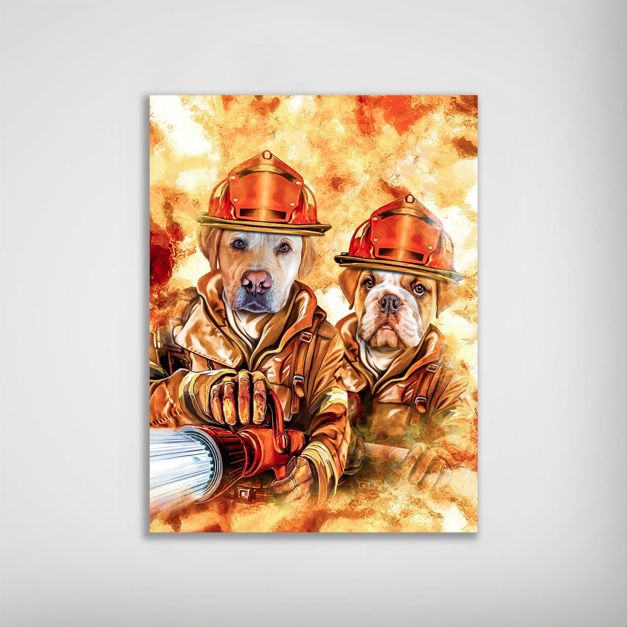 Personalized 'Firefighters' poster featuring a yellow lab and bulldog in firefighter gear against a fiery background.