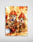 Personalized 'Firefighters' poster featuring a yellow lab and bulldog in firefighter gear against a fiery background.