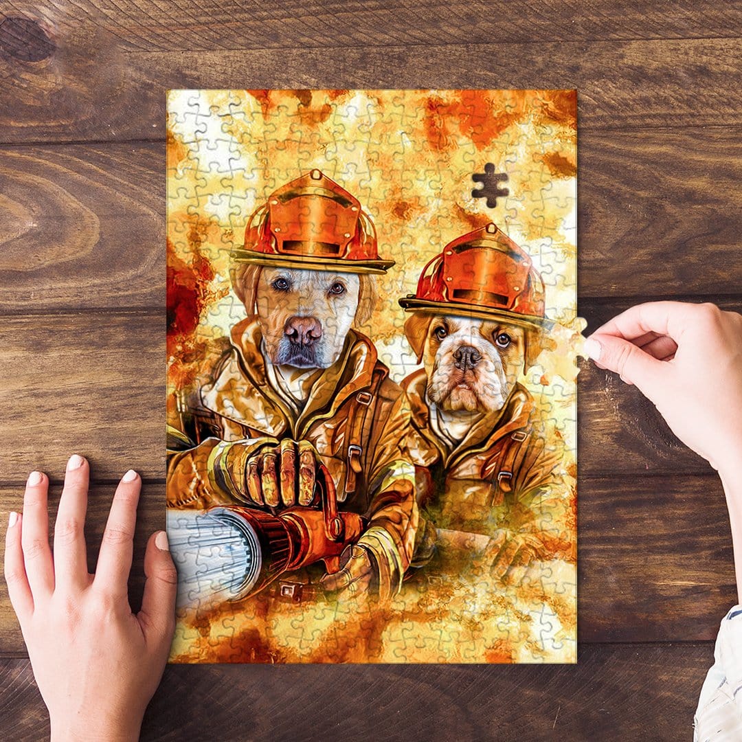 Personalized 2 pet puzzle featuring dogs in firefighter uniforms with a watercolor style.