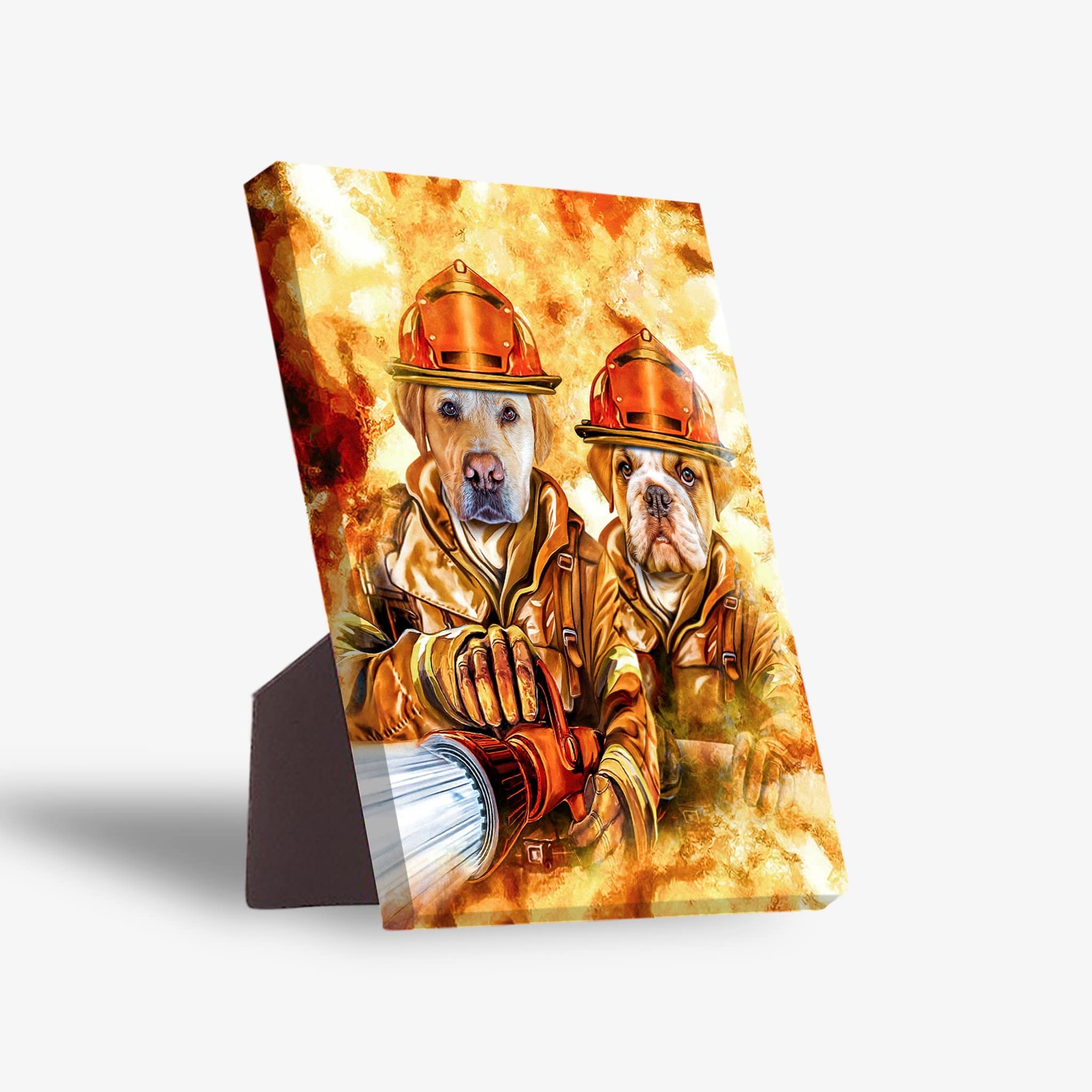 Personalized canvas art of two pets as firefighters in orange helmets and coats, with a sturdy stand.