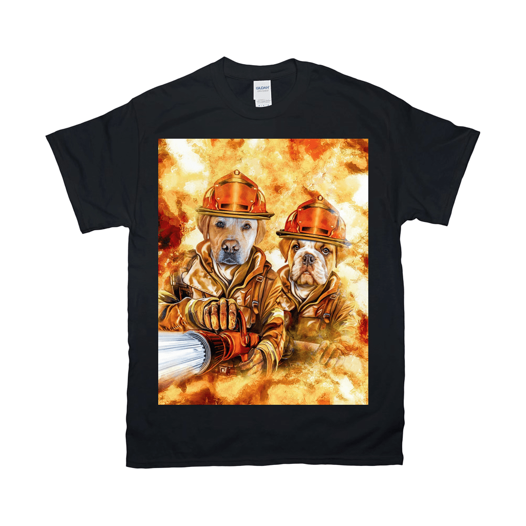 Black Gildan t-shirt with two personalized pet portraits as firefighters against a fiery background.