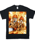 Black Gildan t-shirt with two personalized pet portraits as firefighters against a fiery background.