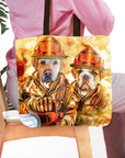 Personalized tote bag with two pet dog portraits as firefighters in a watercolor style.