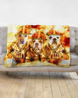 Personalized 3 pet firefighter portrait blanket with golden retriever, bulldog, and French bulldog.