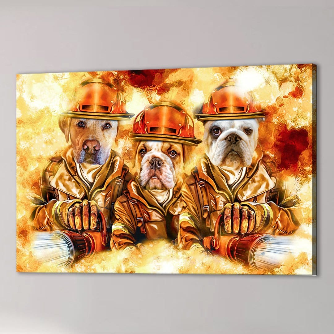 Personalized canvas featuring three pets as firefighters in orange uniforms and helmets, holding hoses.