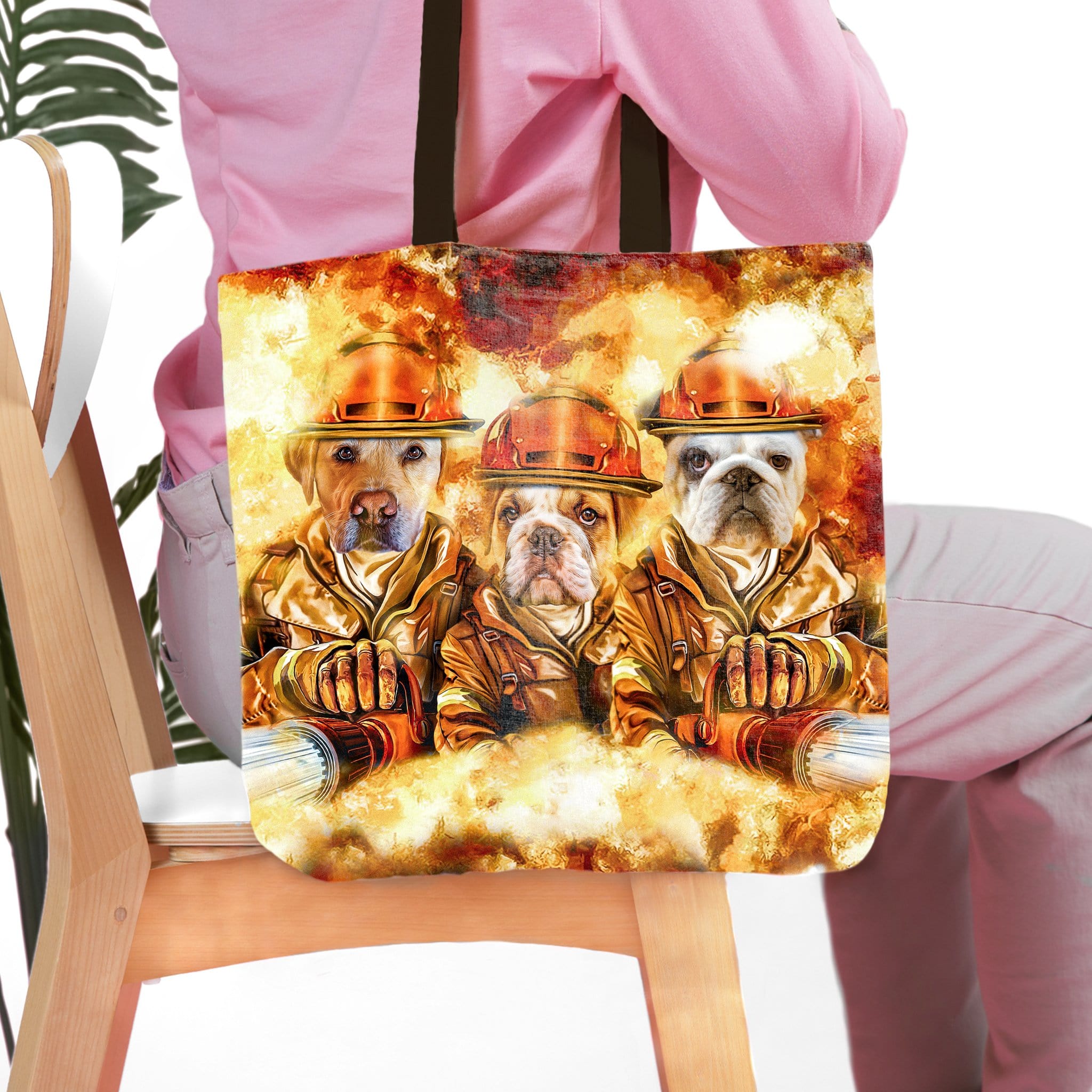 Personalized 3 pet firefighter portrait tote bag with dogs in helmets and gear.