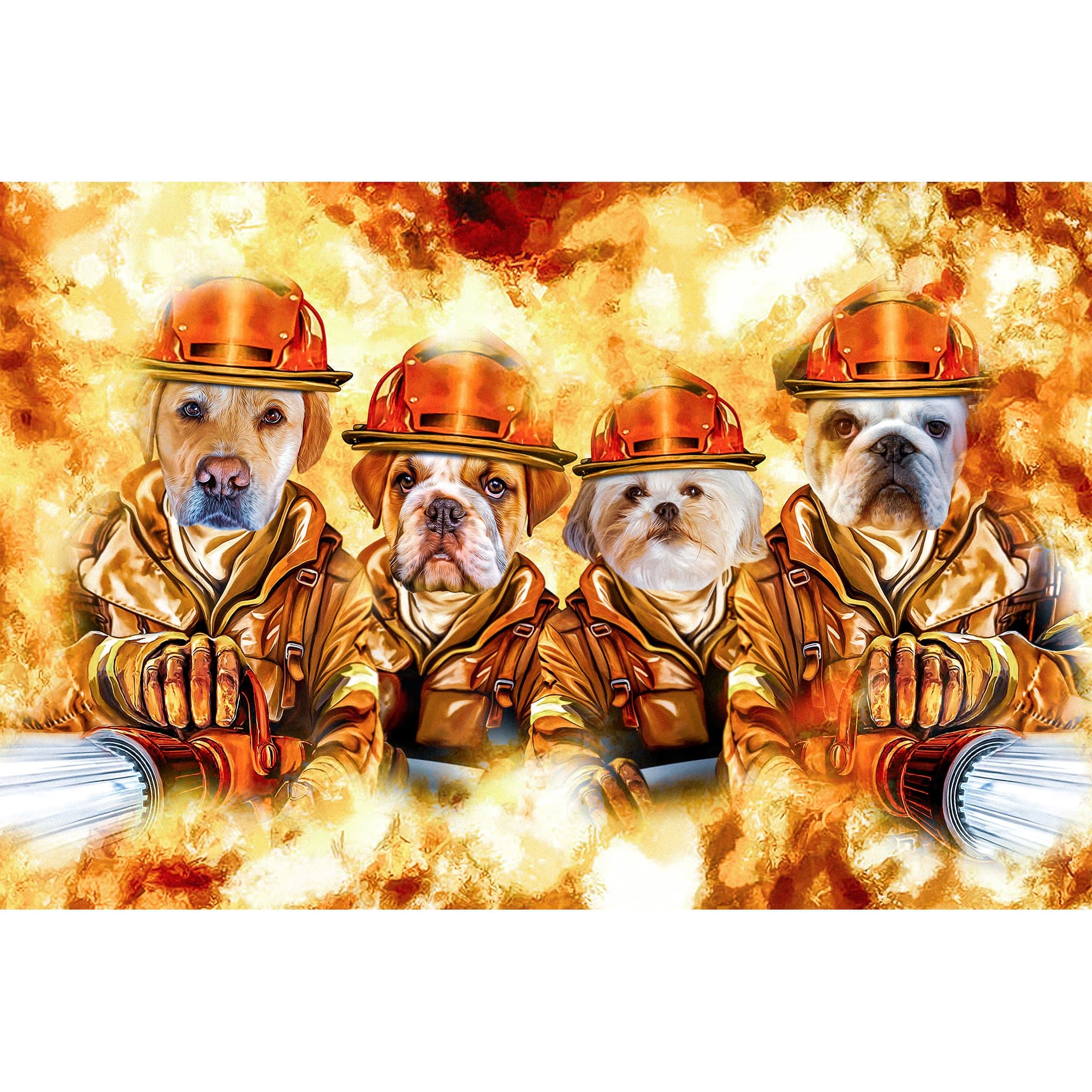 Custom digital portrait of four dogs as firefighters in uniform against an explosion background.