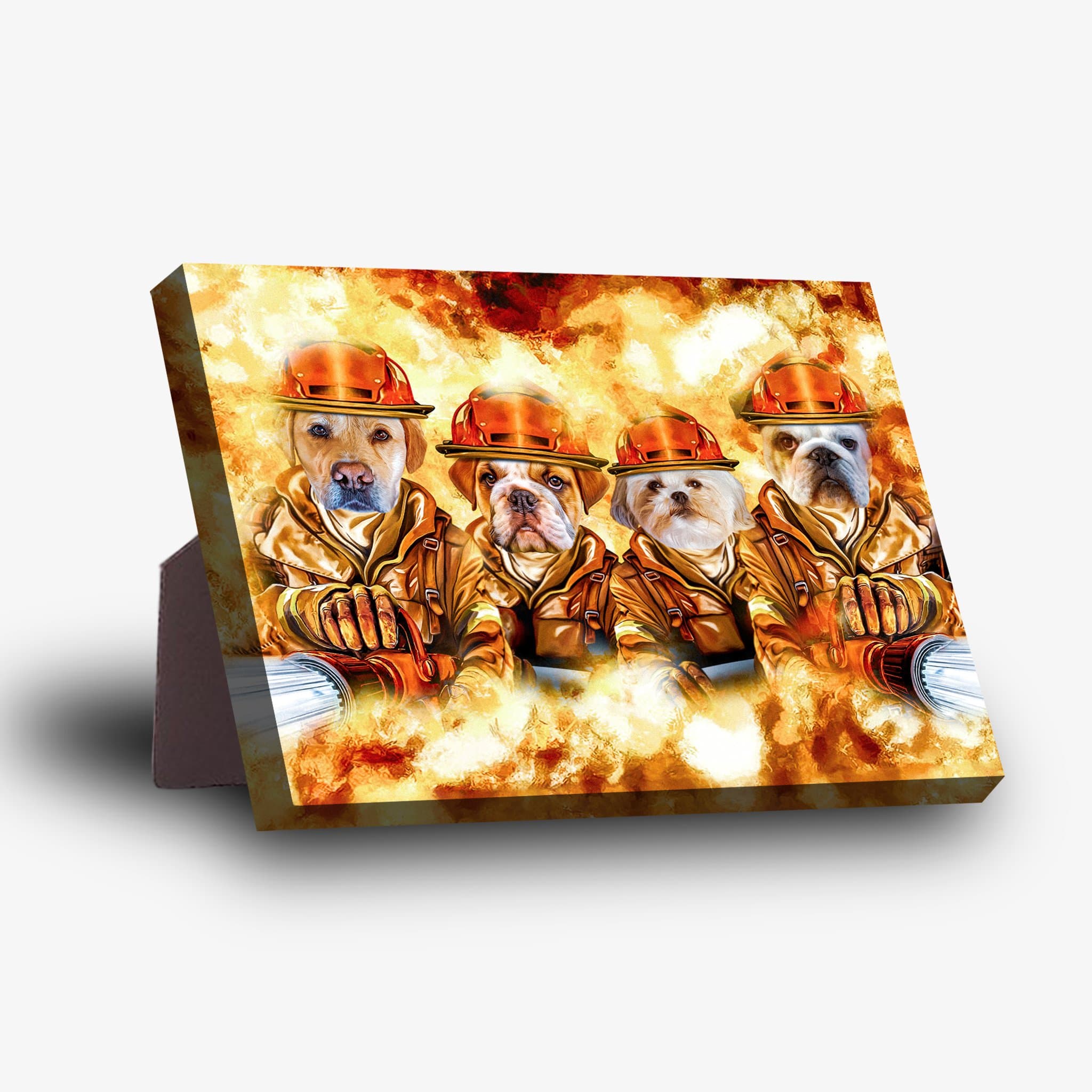 Personalized standing canvas featuring four pets as firefighters in orange gear against a fiery background.